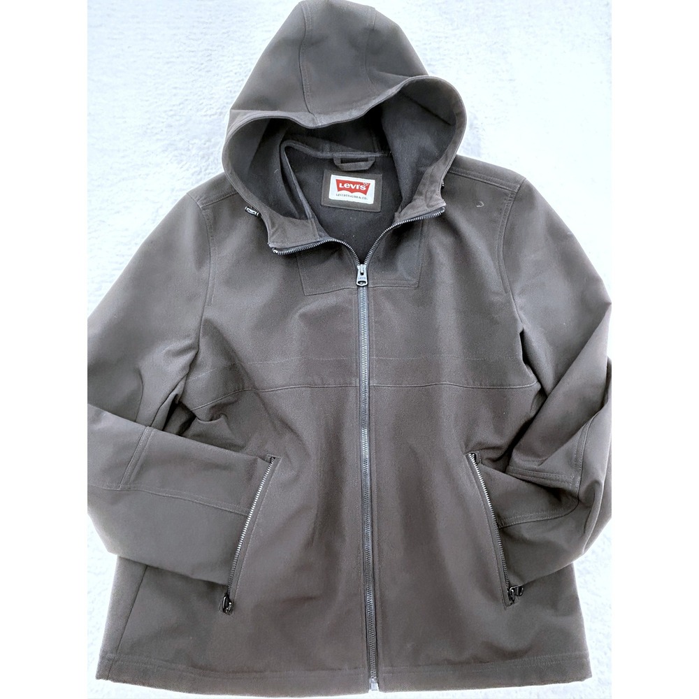 Levis Mens Softshell Hooded Outdoor Jacket Black Zip Large Activewear Gorpcore